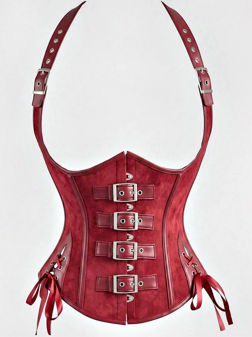 red faux leather corset with silver buckles and lace-up sides